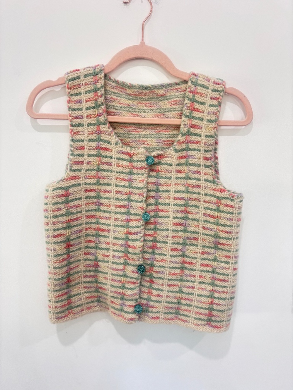 Hand Knit Cardigan Vest Small Medium Cream Pastel Stripe Teal Button Cottagecore